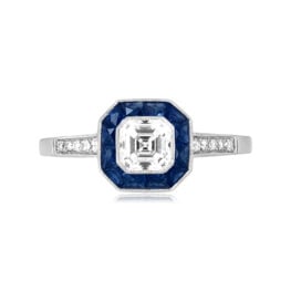 Asscher cut center diamond with sapphire halo ring Fleetwood ring 16394 TV