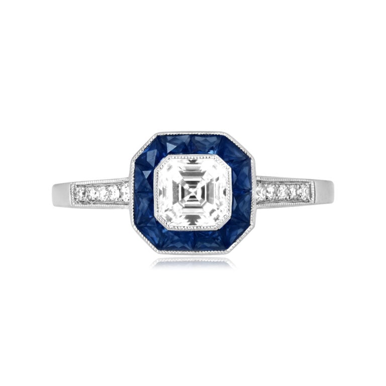 GIA 0.50ct Asscher Cut Diamond Sapphire Halo Fleetwood Ring
