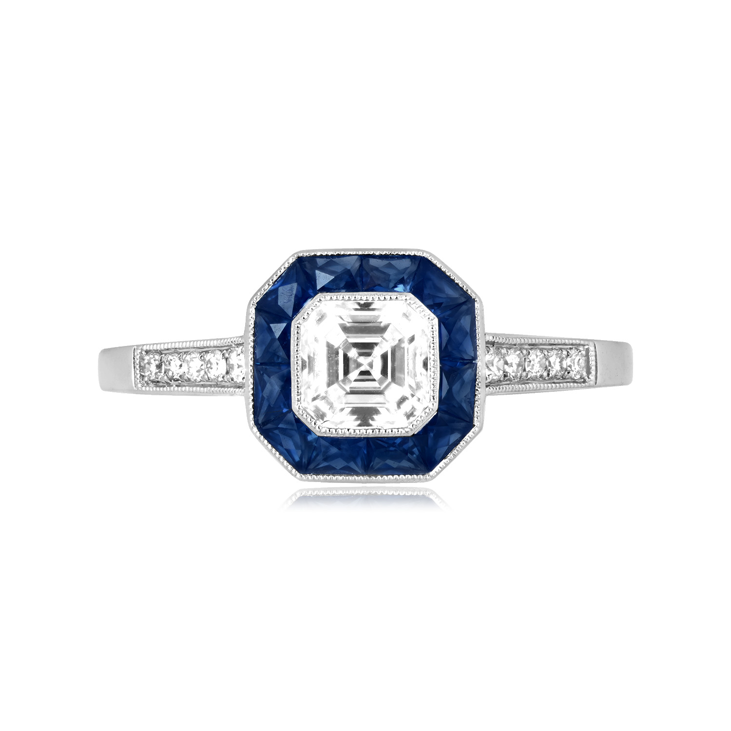 Stacked from 29 images. Method=C (S=1) Asscher cut center diamond with sapphire halo ring Fleetwood ring 16394 TV