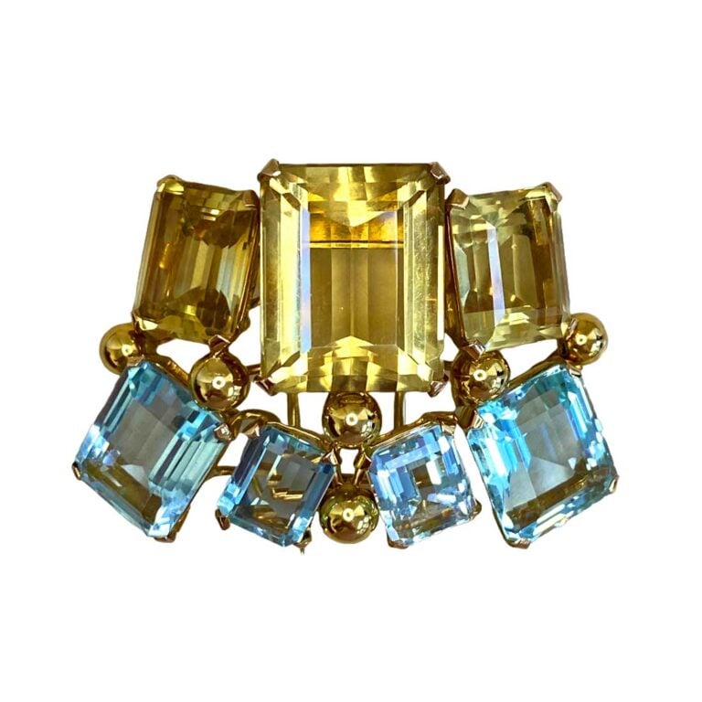Vintage Citrine and Aquamarine Brooch 18k YG Gold