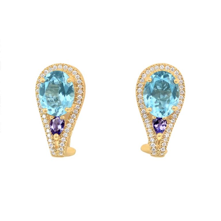 3.69ct Aquamarine and Tanzanite on 18k Yellow Gold Zalana Earrings