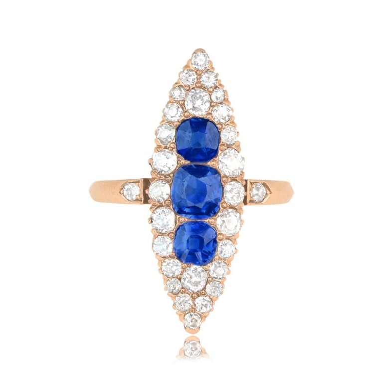 GIA-Certified Antique Victorian Era Navette Sapphire Borma Ring, Circa 1880