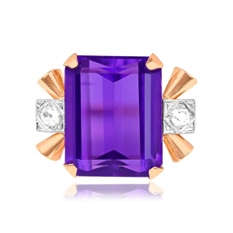 Vintage 19.28ct Emerald-Cut Amethyst and Diamond Clarendon Ring, Circa 1940