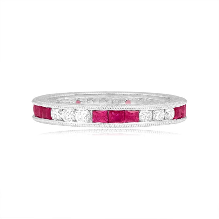 Platinum 3x3 Ruby and Diamond Wedding Kenville Band. 2.7mm