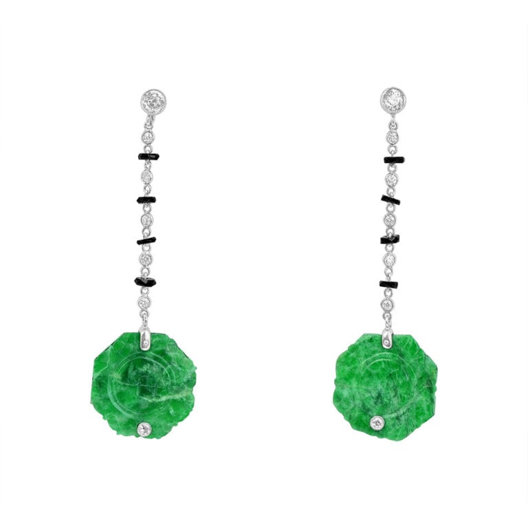 Art Deco Jade With Diamond and Onyx Cantley Earrings, Circa 1925