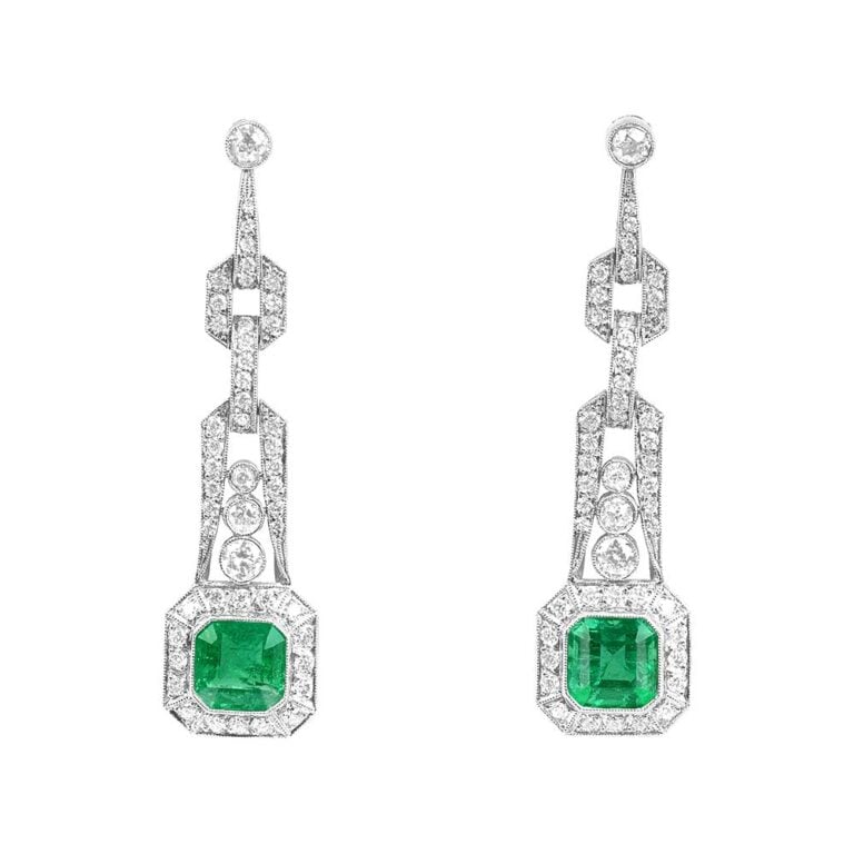 3.65ct Total Emerald and Diamond on Platinum Coimbra Earrings