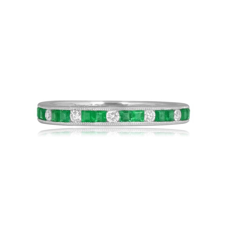 Platinum 2x1 Emerald and Diamond Half Eternity Bell Grove Band 2.60mm
