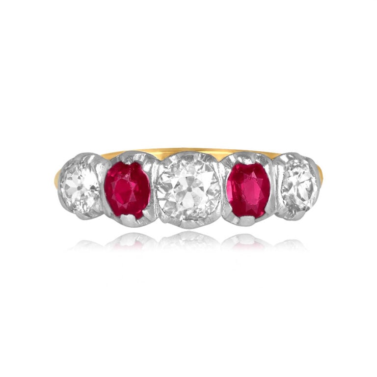 Vintage 5 Stone 1ct Diamond and Ruby Amston Ring, Circa 1940