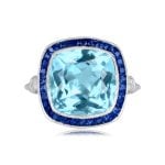 Cushion cut aquamarine stone with sapphire halo platinum ring Eureka ring 15727