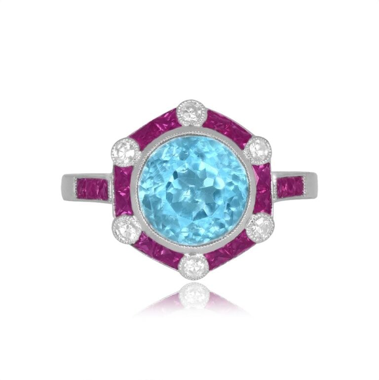 2.67ct Aquamarine with Ruby Halo Embden Ring