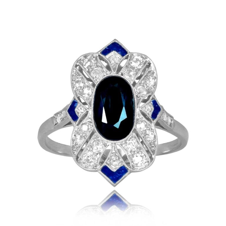 French Art Deco Sapphire and Diamond Trumbull Ring