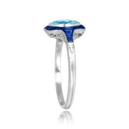 1.30ct Aquamarine with Sapphire Halo with detailed open work under gallery Minto Ring 15758
