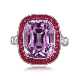 9.93 carat center Kunzite stone with French cut Ruby Halo Mercer Ring 15759