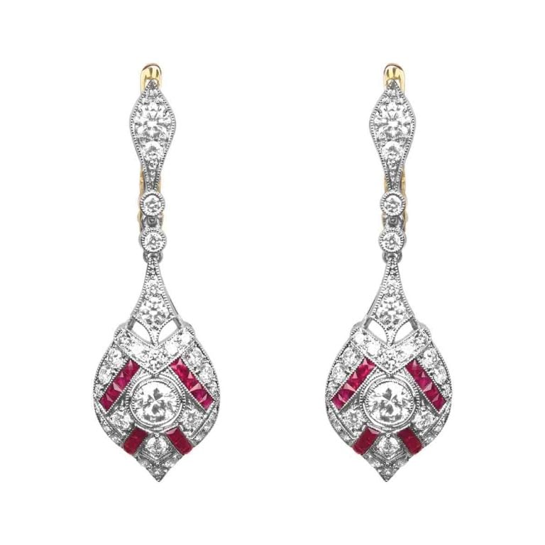 Diamond and Ruby Platinum Martin Earrings