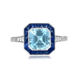 Asher-cut Aquamarine with Sapphire Halo Platinum Morrill Ring 16440