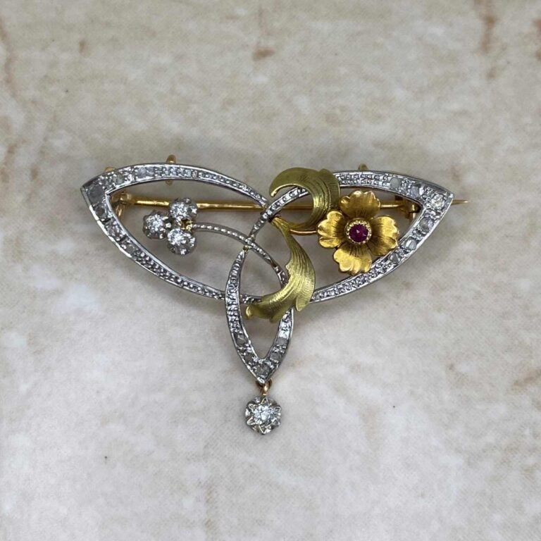 Diamond and Ruby Art Nouveau Floral Ashland Brooch, Circa 1900