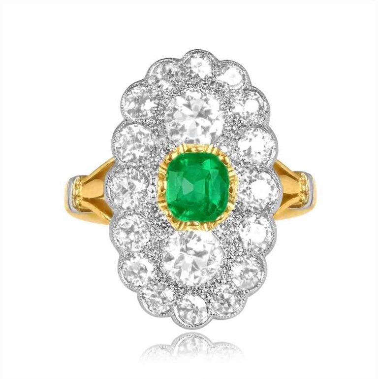 0.65ct Emerald with Elongated Diamond Cluster Halldale Ring