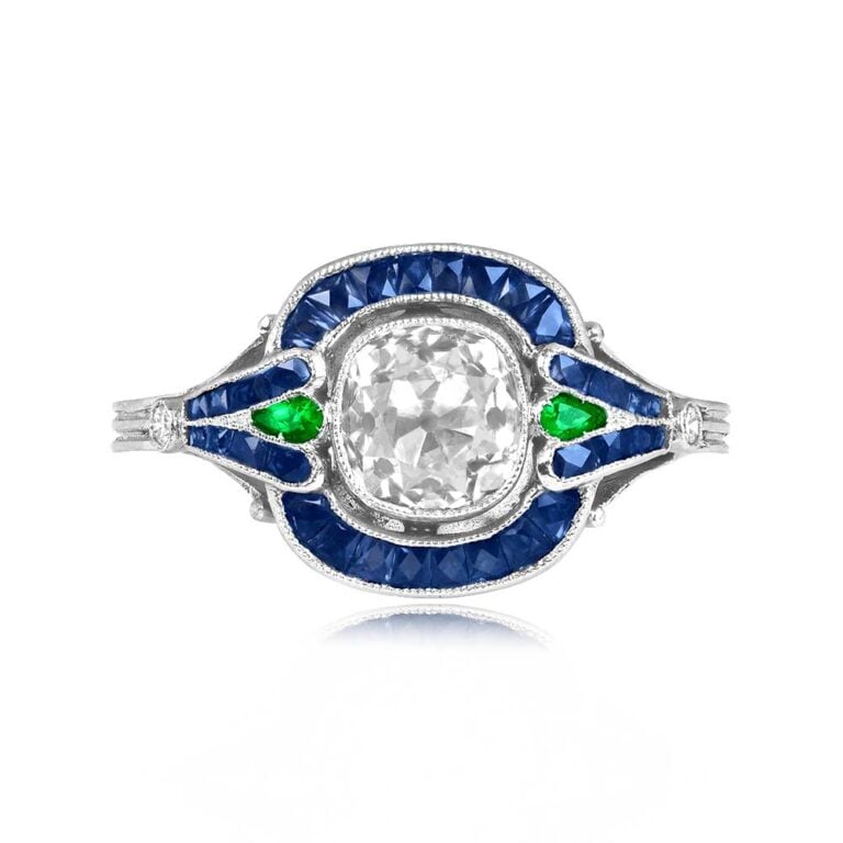 Antique Cushion Cut 1.15ct Diamond Sapphire Halo Searsport Ring