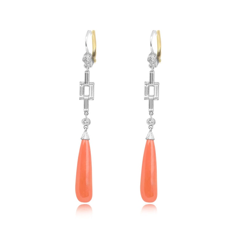 Art Deco Coral and Diamond Platinum Lakeport Earrings