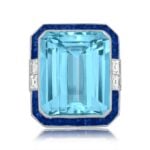 24 carat emerald cut aquamarine with sapphire halo Oriole Ring 13332