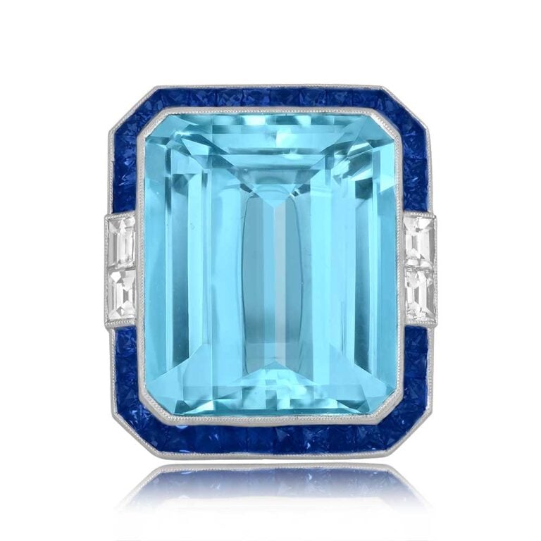 24ct Emerald Cut Aquamarine Sapphire Halo Oriole Ring