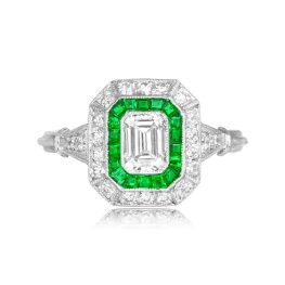 0.50 carat emerald cut diamond with diamond and emerald double halo Newbury Ring 14176