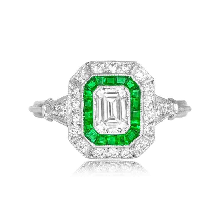 0.50ct GIA Emerald Cut Diamond and Emerald Halo Newbury Ring