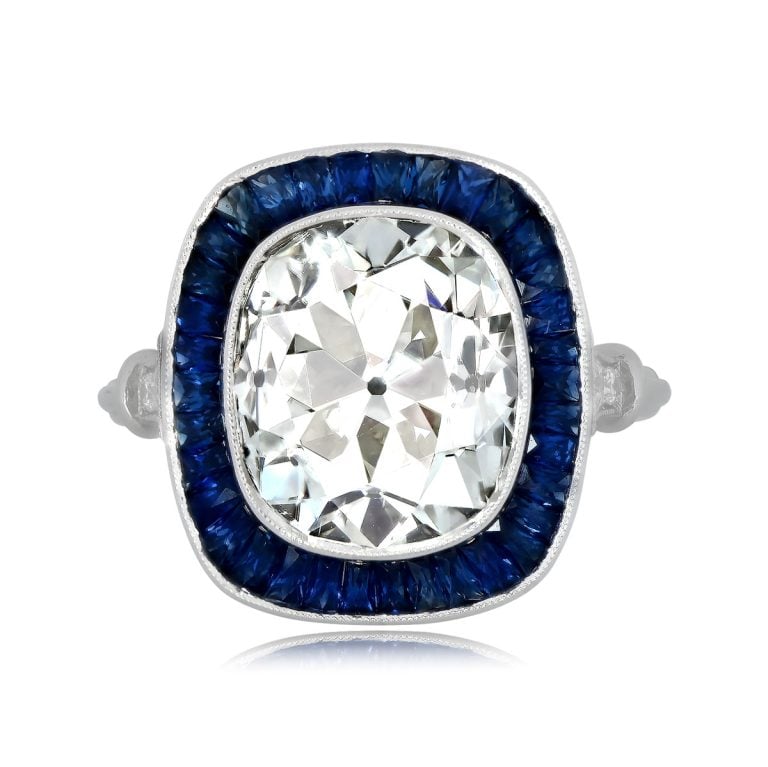 5.24ct Antique Cushion Cut Diamond and Sapphire Halo Arkana Ring