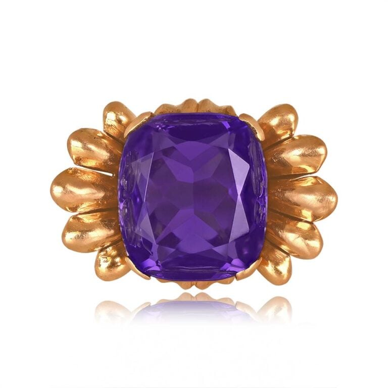 Retro 8.47ct Cushion Cut Amethyst 18k Rose Gold Alba Ring, Circa 1940
