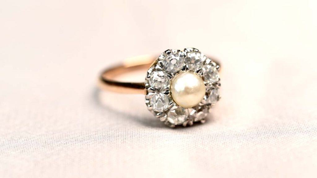 Natural Saltwater Pearl Ring with Antique Diamond Halo 