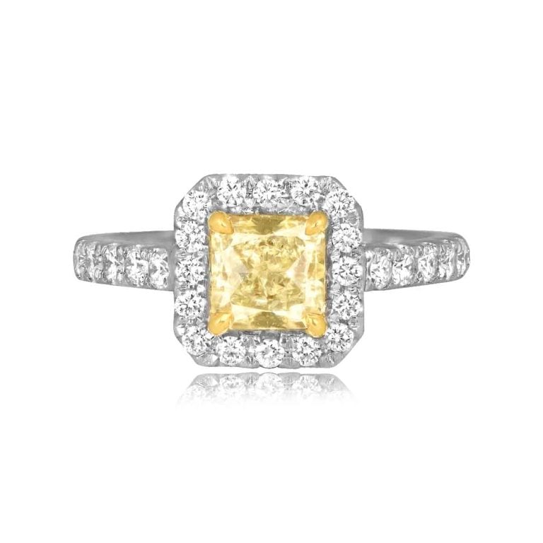 1.14ct Radiant Cut Yellow Diamond Halo Dandridge Ring