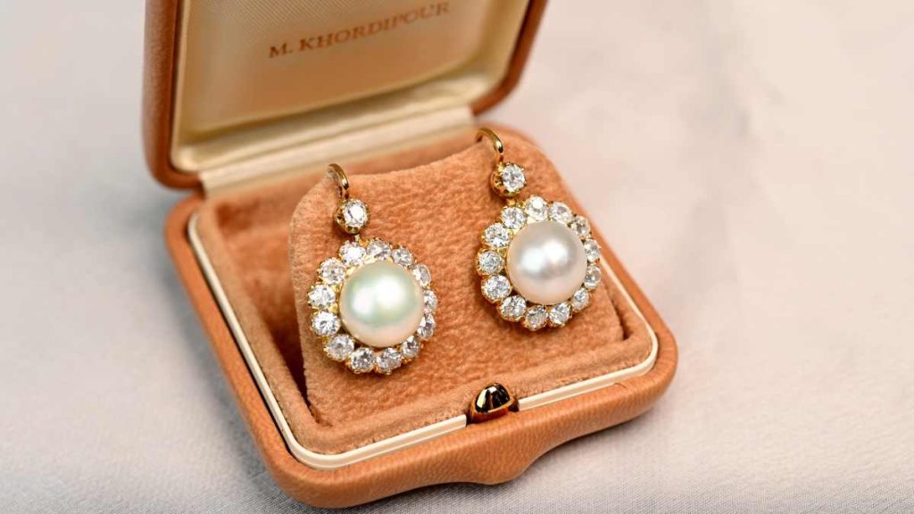 Rare Round Natural Pearl Earrings with diamond halo Khordipour