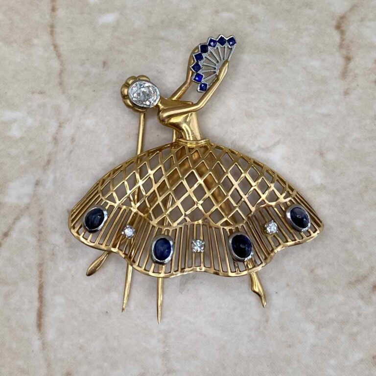 Retro Diamond and Sapphire Ballerina Sublett Brooch, Circa 1945