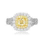 center 0.60 carat yellow diamond with double halo and diamonds on shoulders Paxton Ring ROM62