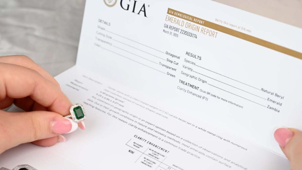 Zambian emerald ring with its GIA Certificate of Treatment
