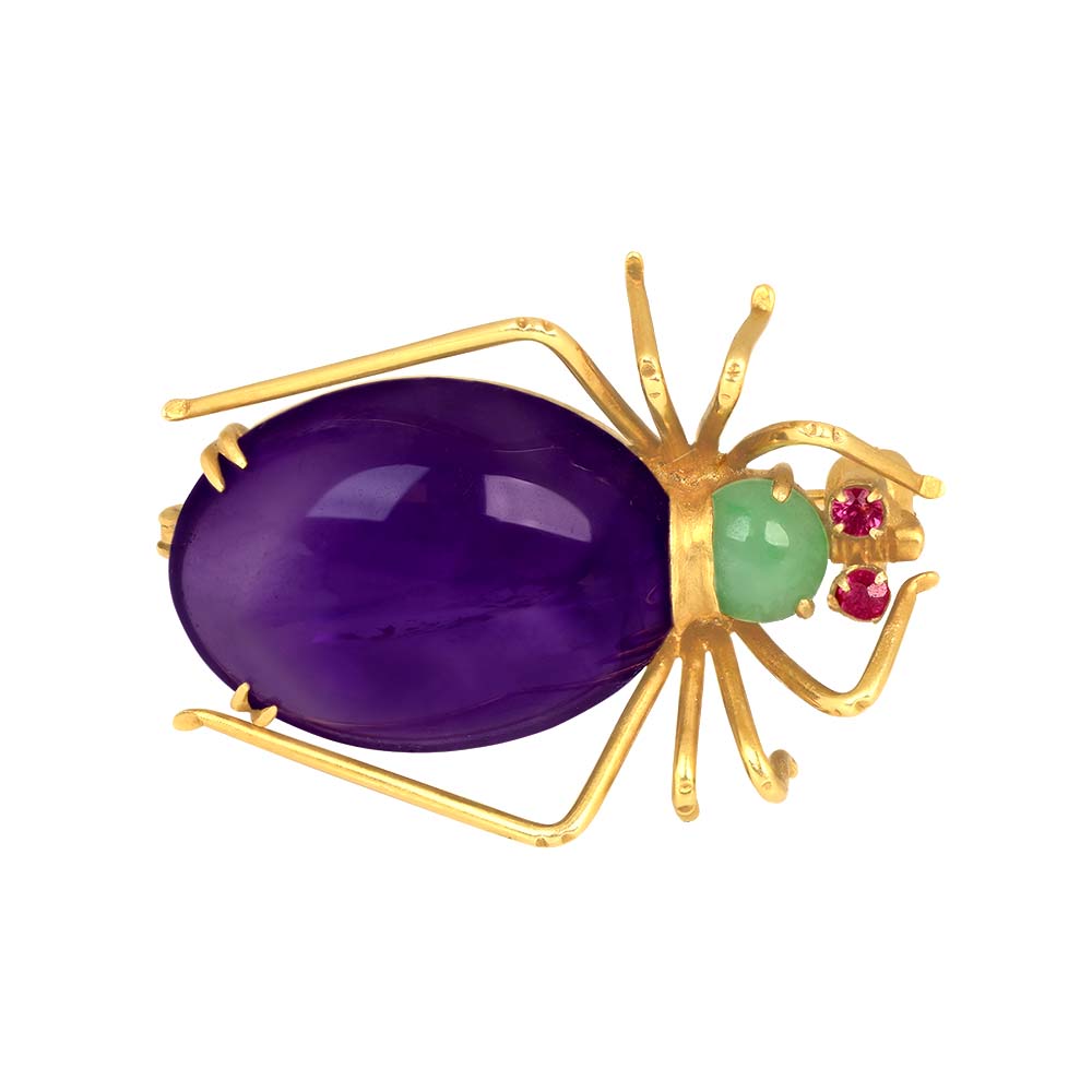 Stacked from 9 images. Method=C (S=1) Amethyst, aventurine and ruby spider brooch 14k gold Alvin Brooch 15851