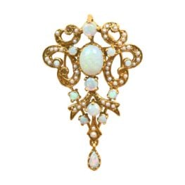 14 karat yellow gold brooch with opal and seed pearl stones Lenora Brooch 15852