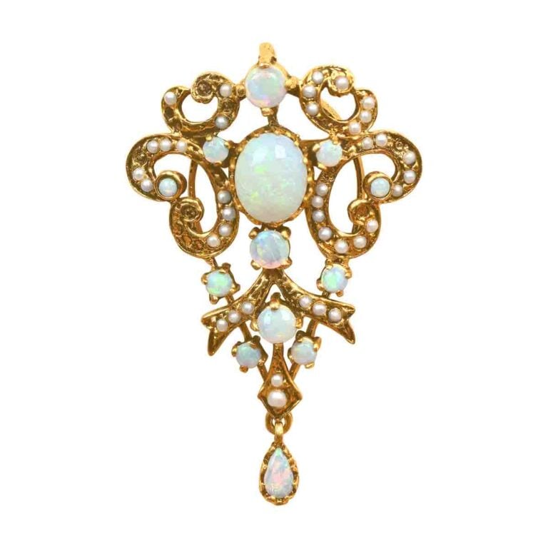 Victorian Seed Pearl and Opal Lenora Brooch, Circa 1850