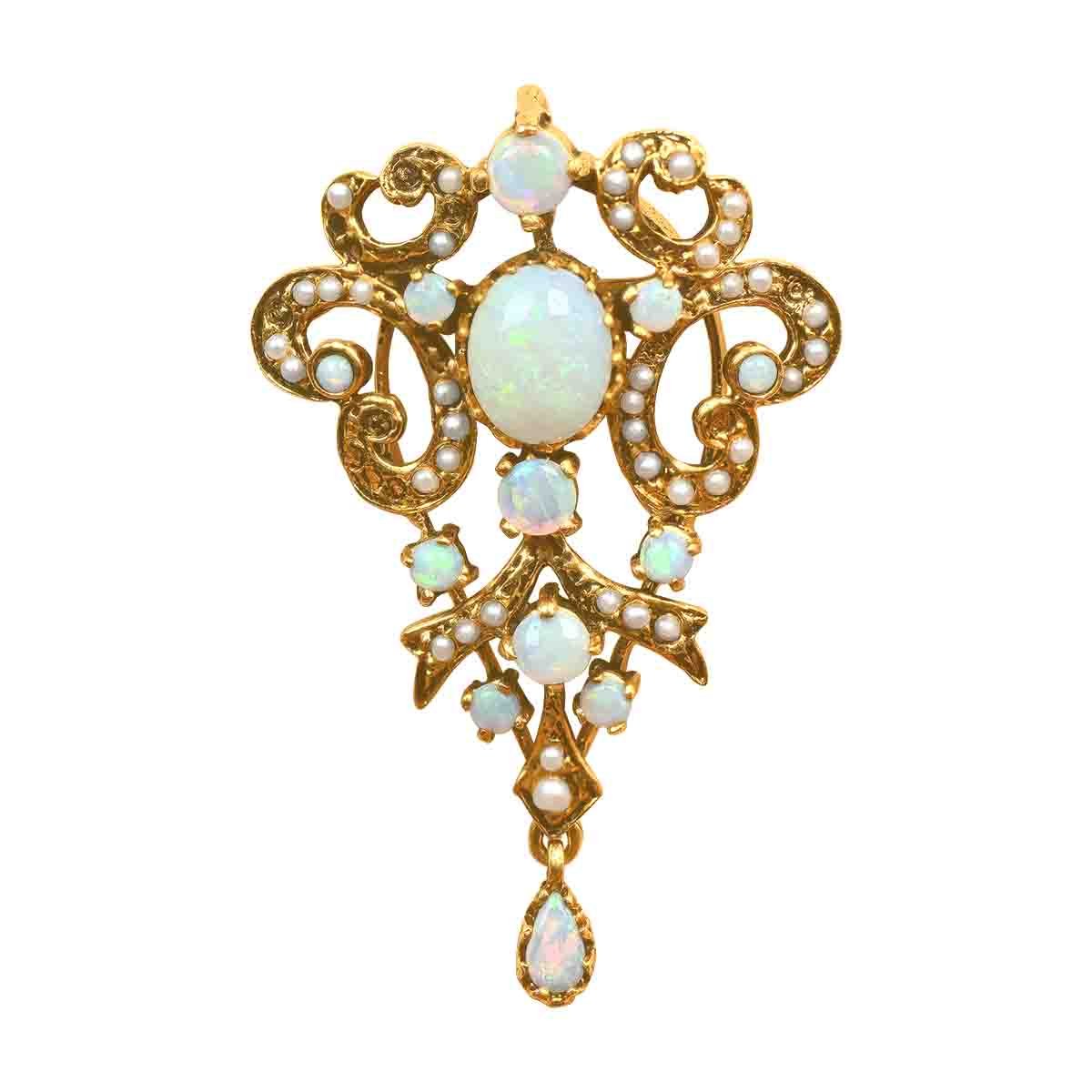 Stacked from 6 images. Method=C (S=1) 14 karat yellow gold brooch with opal and seed pearl stones Lenora Brooch 15852