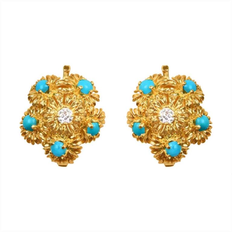 Vintage Tiffany Diamond and Turquoise Floral Earrings, Circa 1970's