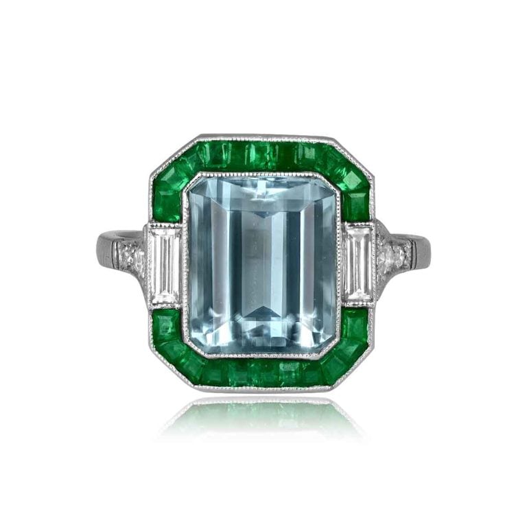 Aquamarine and Emerald Halo Platinum Almada Ring