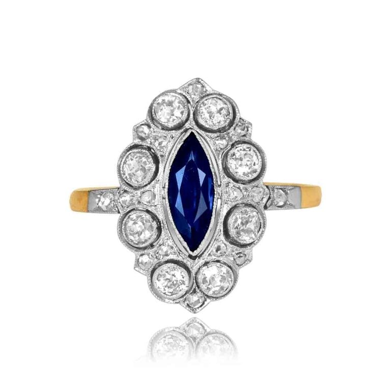 Edwardian 0.79ct Marquise Sapphire and Diamond Hemingford Ring, Circa 1910