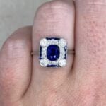 Front Finger View Cushion-Cut Sapphire Bosler Ring, Circa 1925