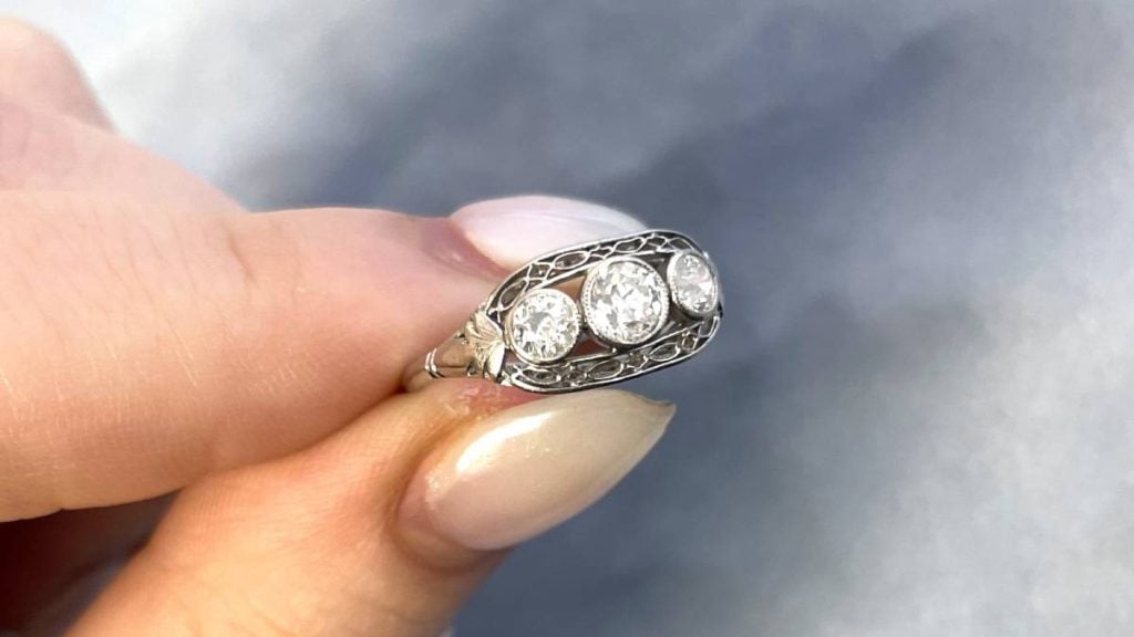Lacework Openwork Filigree on Three Stone Ring