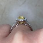 Side 0.63ct Oval Yellow Diamond Double Halo Gold Ring on Finger F3