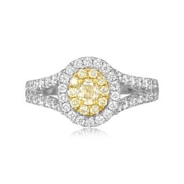center 0.24 carat oval cut yellow diamond with white and yellow diamond double halo Altha Ring ROM26