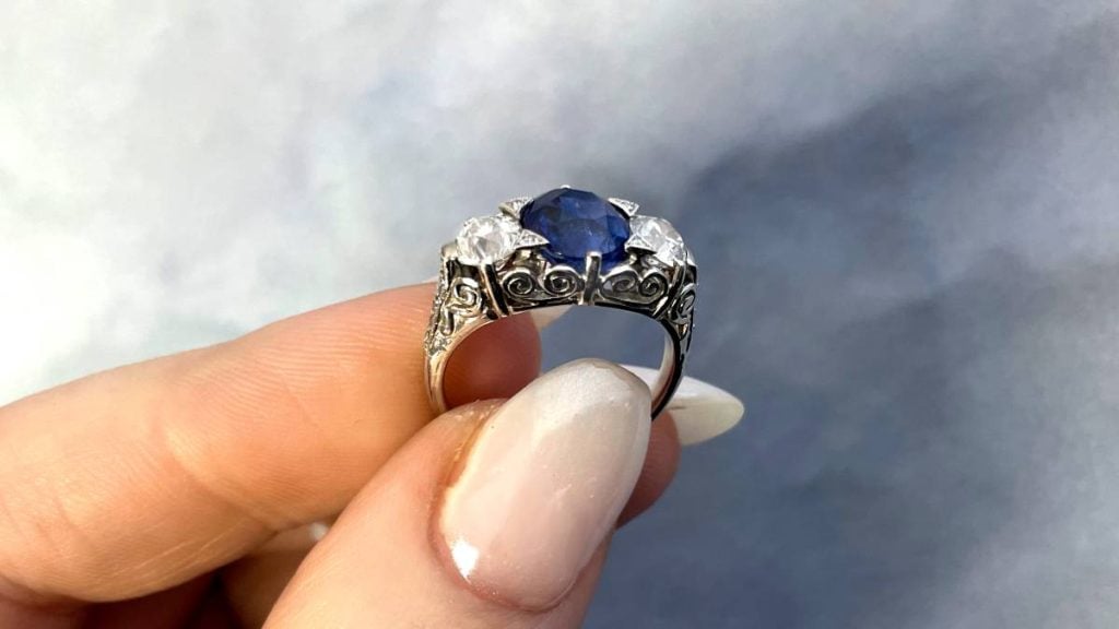 Scroll Motif Openwork Filigree Sapphire Ring