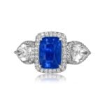 3.06 carat elongated cushion cut sapphire with diamond accents and halo Angola Ring 15694