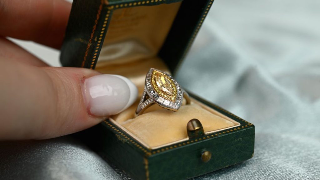 Close up of Marquise Diamond Double Halo Engagement Ring in Box