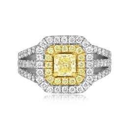 0.61 carat radiant cut center yellow diamond with double halo Falco Ring ROM50